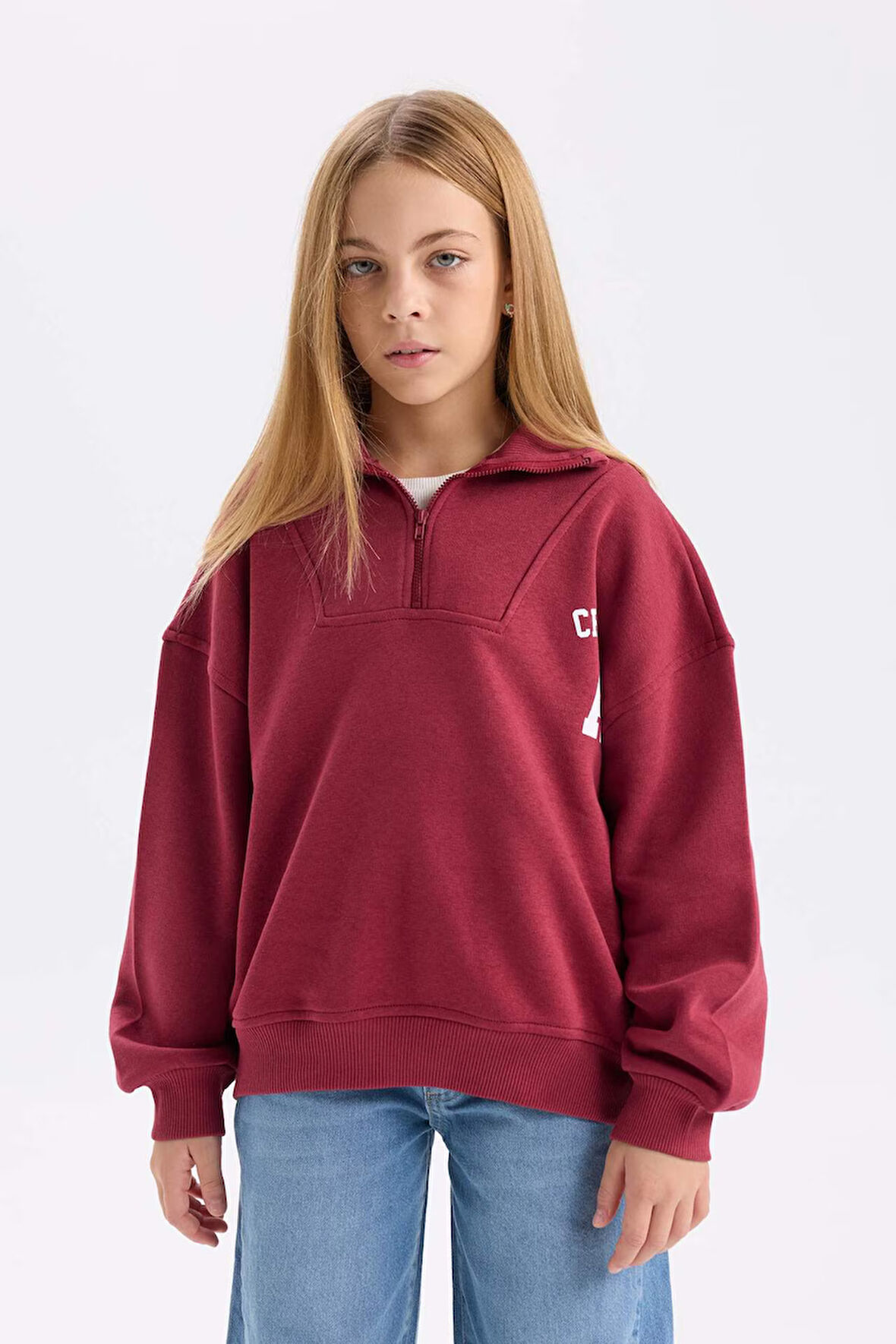 DeFacto Kız Çocuk Oversize Geniş Kalıp Fermuarlı Dik Yaka Baskılı İçi Yumuşak Tüylü Kalın Sweatshirt D3357A824AUBR285