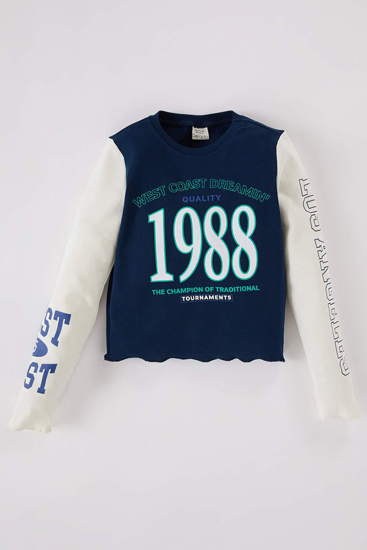 DeFacto Kız Çocuk Cropped Fit Bisiklet Yaka Baskılı Fitilli Kaşkorse Uzun Kollu Tişört D3433A824WNER99