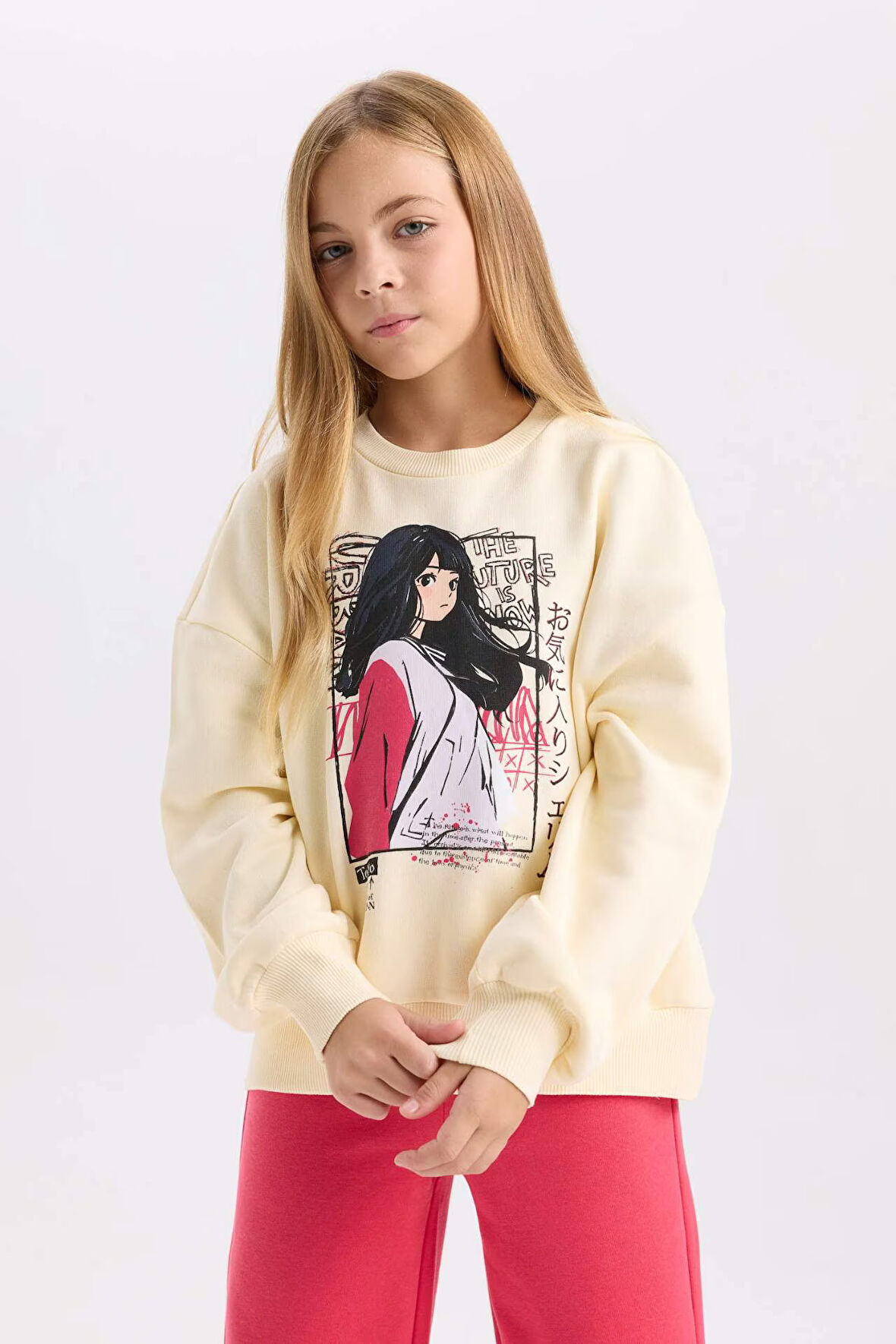 DeFacto Kız Çocuk 2'li Takım Bisiklet Yaka Baskılı Sweatshirt Beli Lastikli Jogger Eşofman Altı D2220A824WNYL240