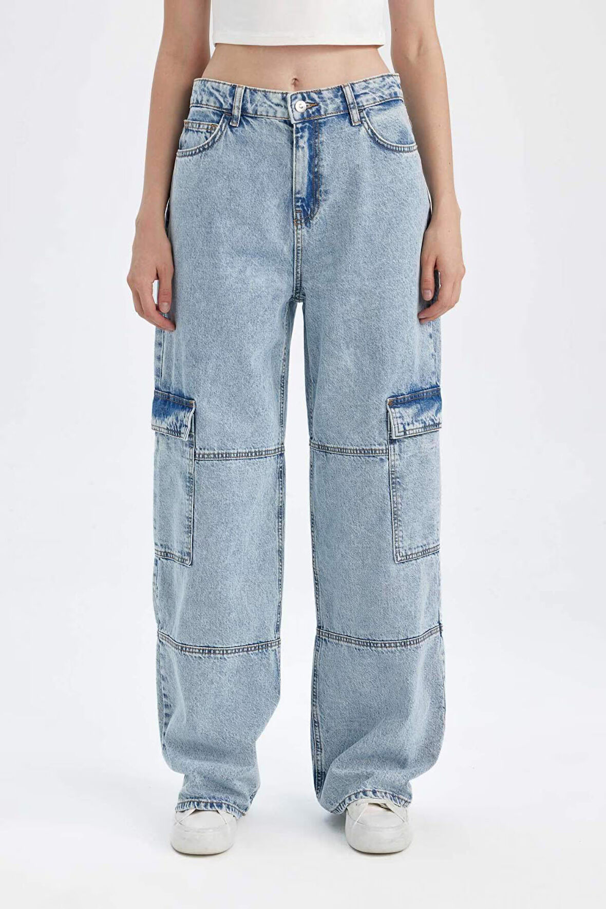 DeFacto Straight Fit Kargo Yüksek Bel Uzun Jean Yıkamalı Pantolon C7363AX24AUNM39
