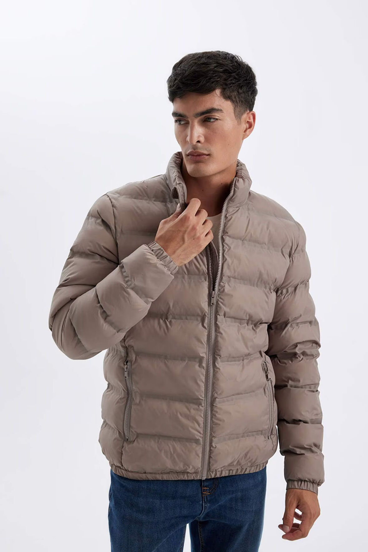 Regular Fit Dik Yaka Fermuarlı Çift Cepli Mevsimlik Hafif Şişme Mont