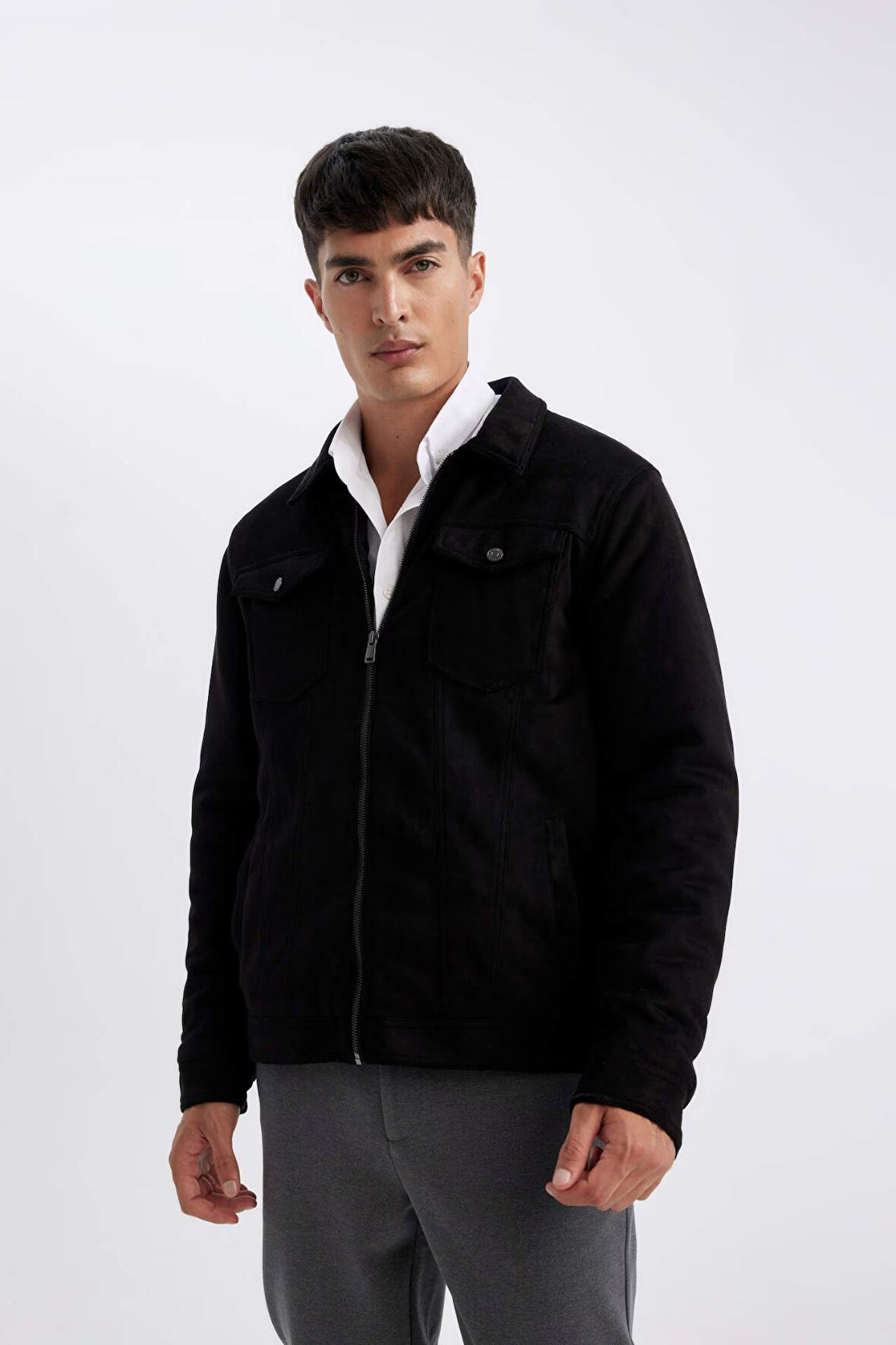 Slim Fit Dar Kesim Gömlek Yaka Fermuarlı Süet Ceket Mont