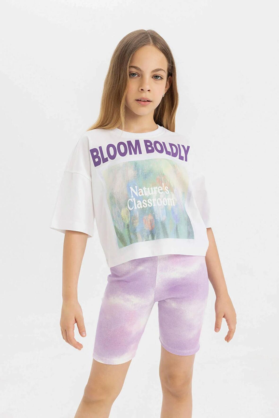 DeFacto Kız Çocuk Bisiklet Yaka Baskılı Kısa Kollu Crop Tişört C9782A824HSWT34