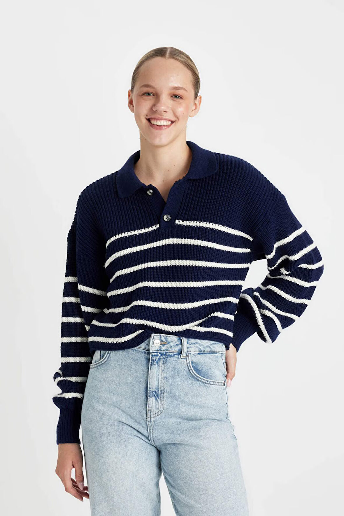 Coool Relax Fit Polo Yaka Yarım Düğmeli Çizgili Triko Kazak