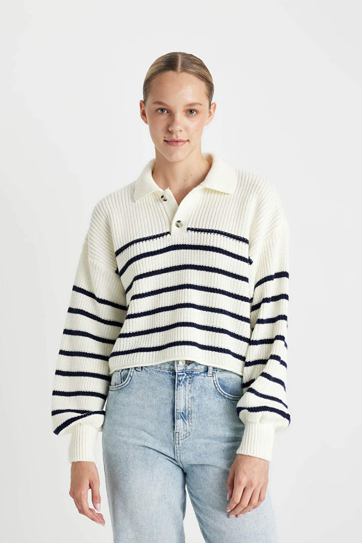 Coool Relax Fit Polo Yaka Yarım Düğmeli Çizgili Triko Kazak