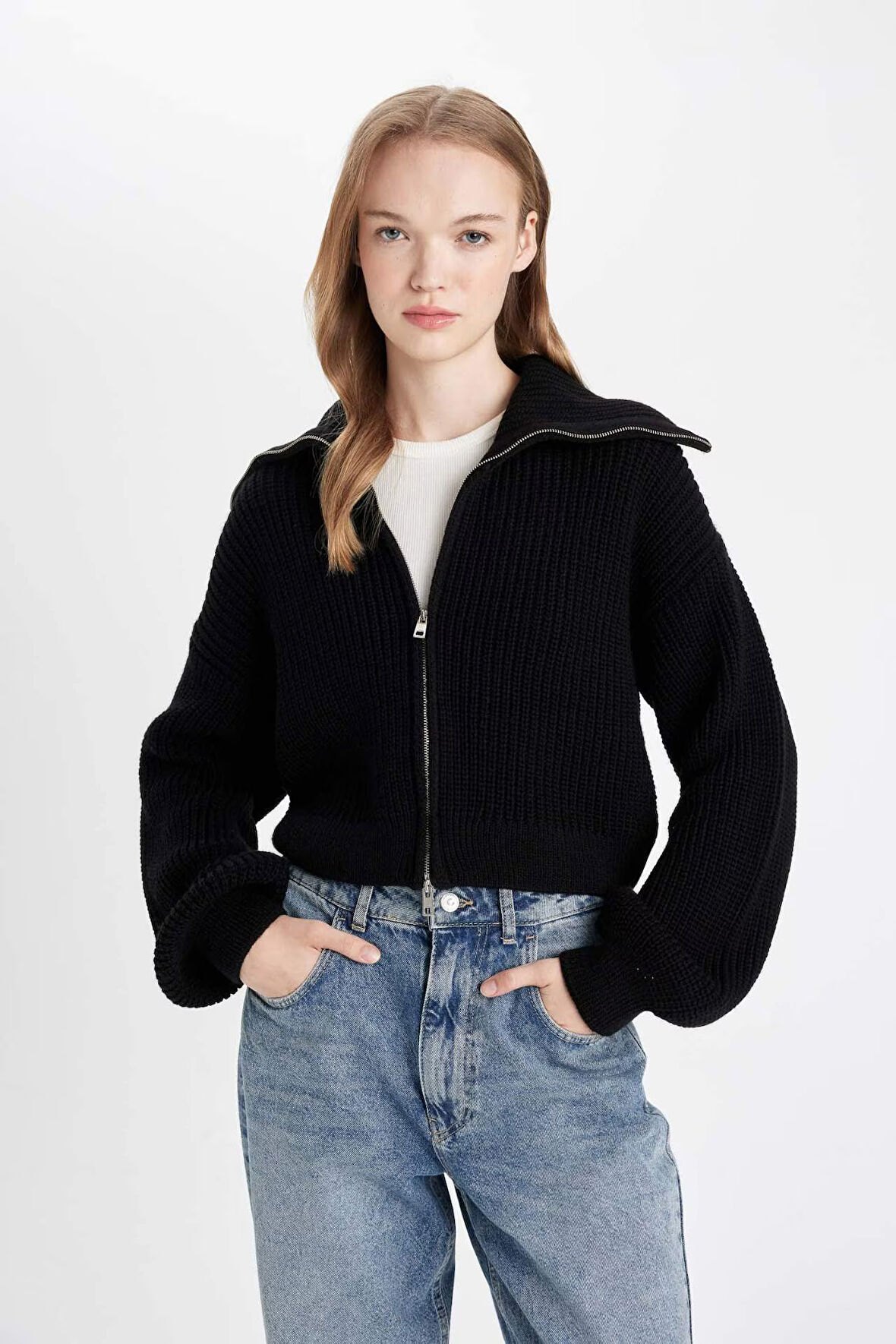 DeFacto Slim Fit Dar Kesim Basic Düz Fermuarlı Dik Yaka Triko Hırka A3333AX24WNBK27