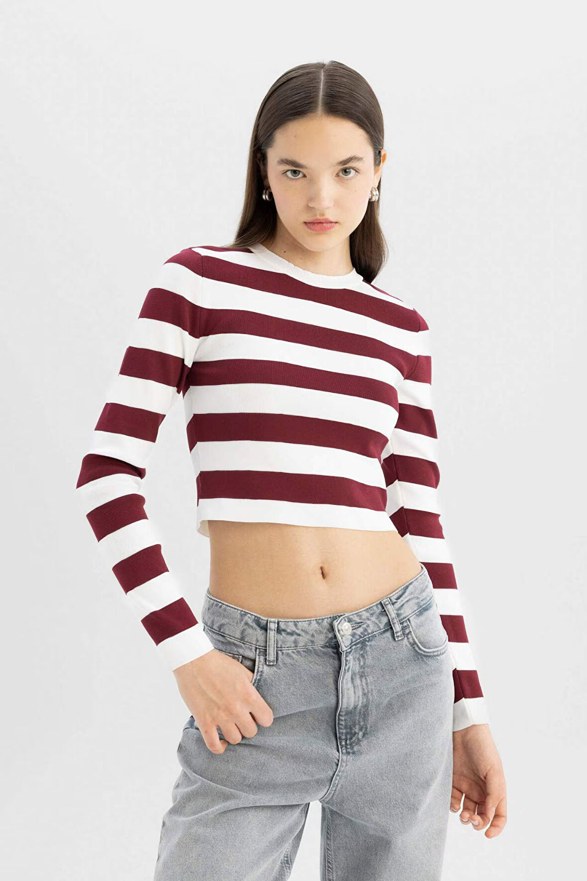 Coool Slim Fit Dar Kesim Çizgili Bisiklet Yaka Triko Kazak