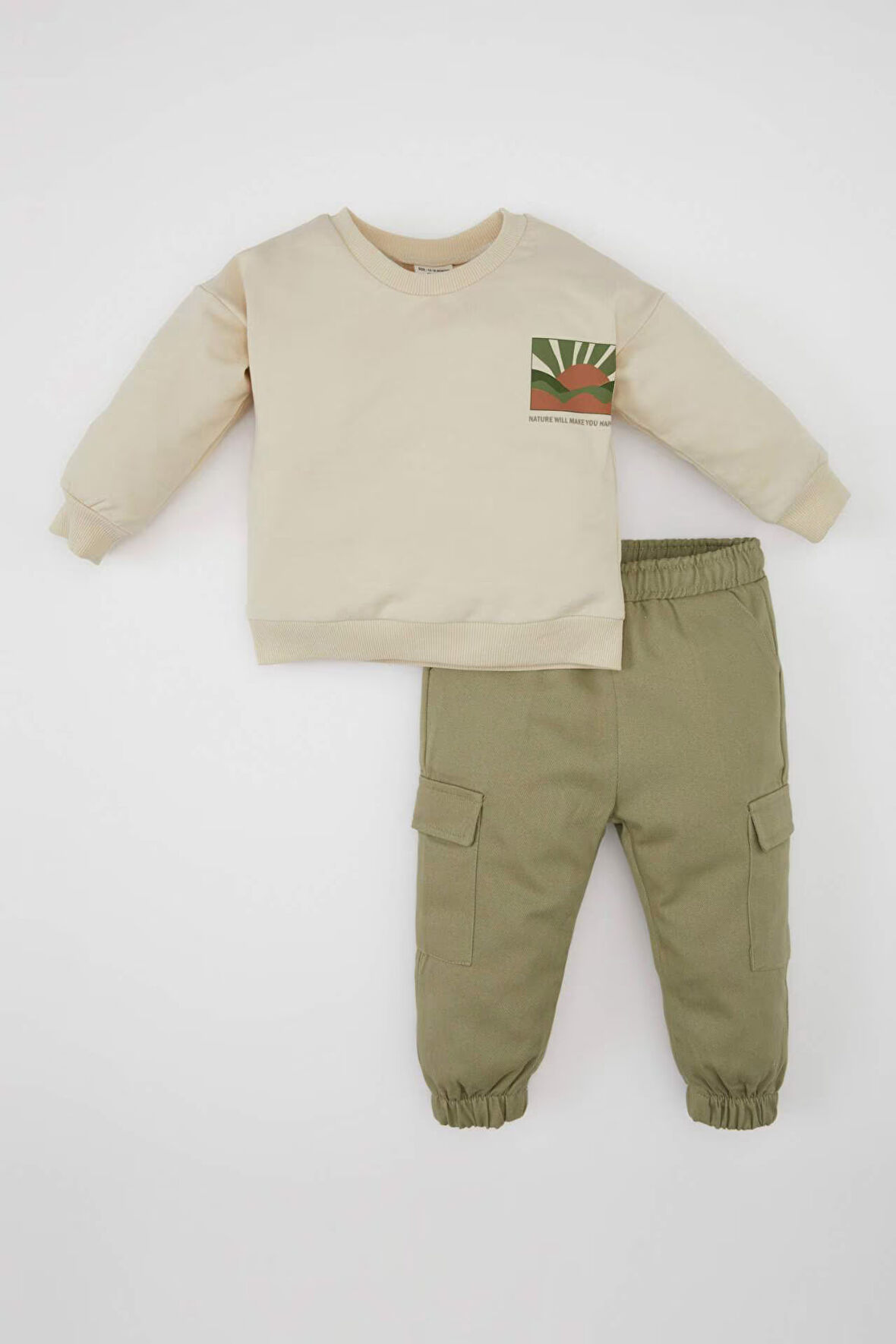DeFacto Erkek Bebek 2'li Takım Bisiklet Yaka Baskılı Sweatshirt Kargo Cepli Beli Lastikli Pantolon D3348A524AUBG360