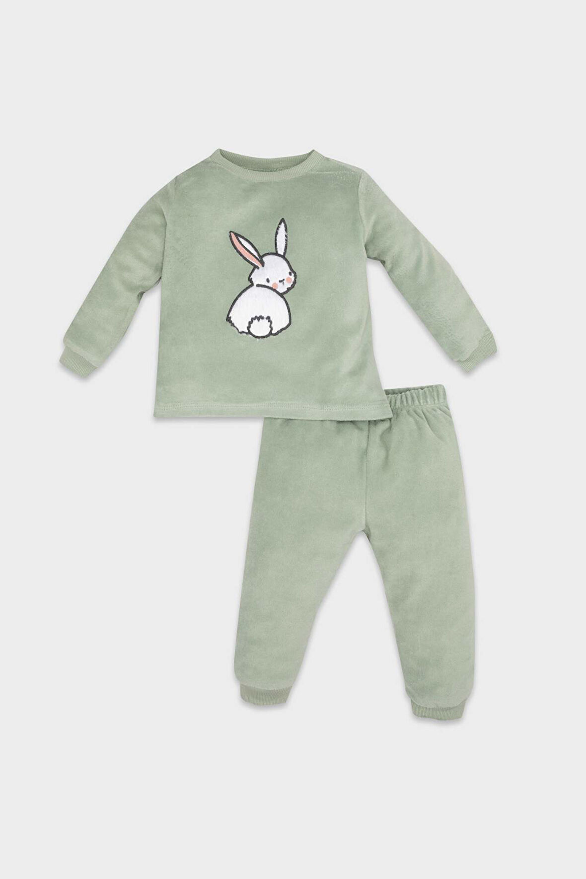 Kız Bebek Tavşan Baskılı Uzun Kollu Velur Pijama Takımı