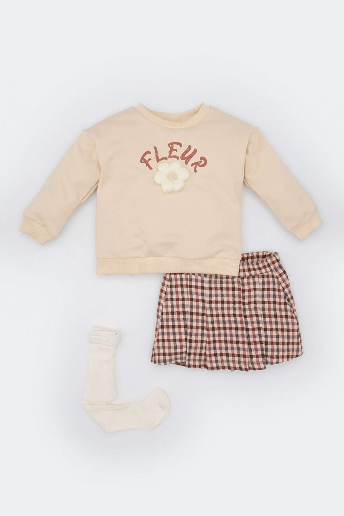 DeFacto Kız Bebek 3'lü Takım Bisiklet Yaka Baskılı Sweatshirt Beli Lastikli Kareli Etek Çorap D5545A524WNER42