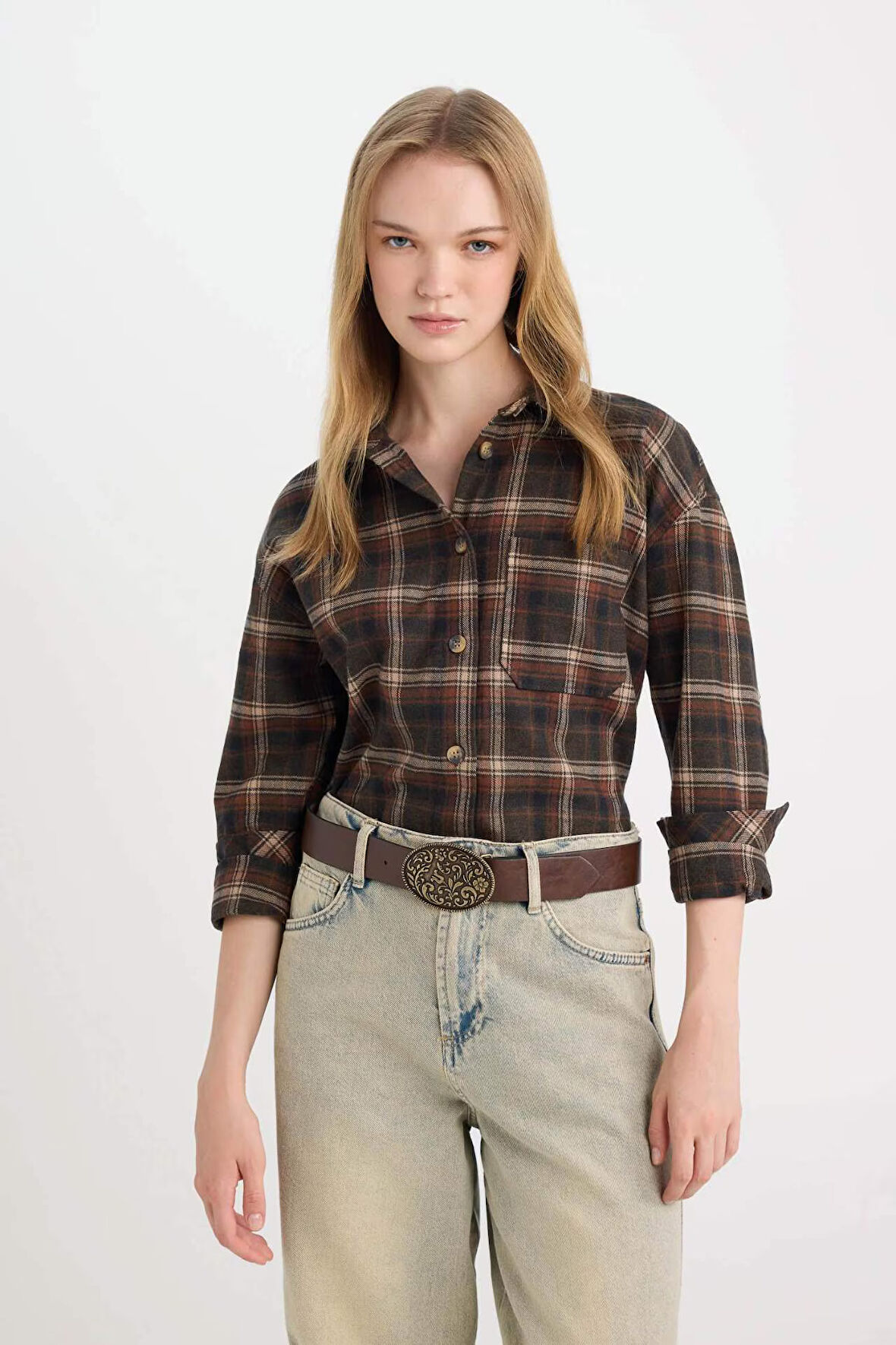 DeFacto Coool Oversize Geniş Kalıp Kareli Flanel Uzun Kollu Oduncu Ceket Gömlek D5309AX24AUBN319