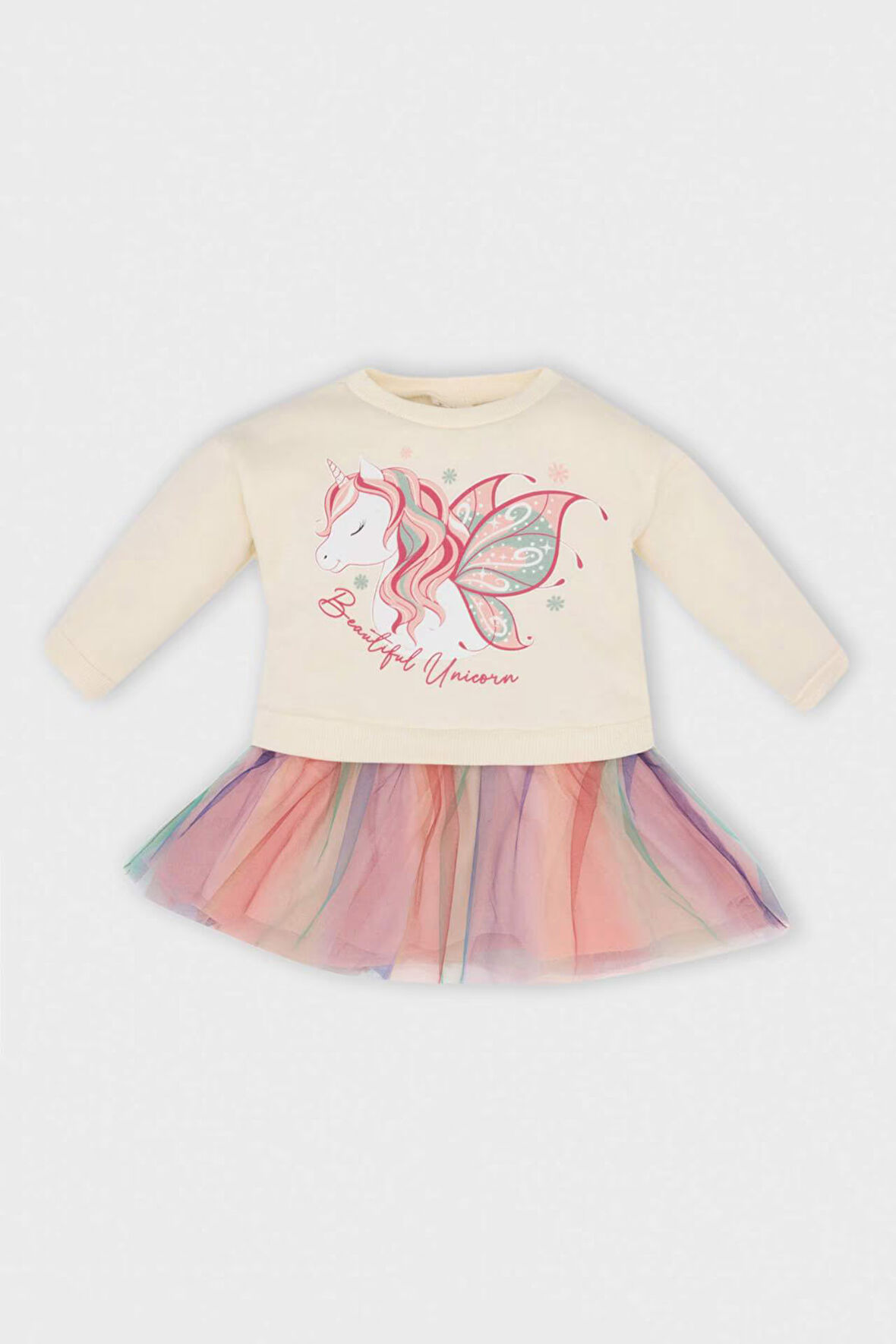 DeFacto Kız Bebek Unicorn Baskılı Uzun Kollu Kalın Tütülü Sweat Elbise D5621A524WNER233