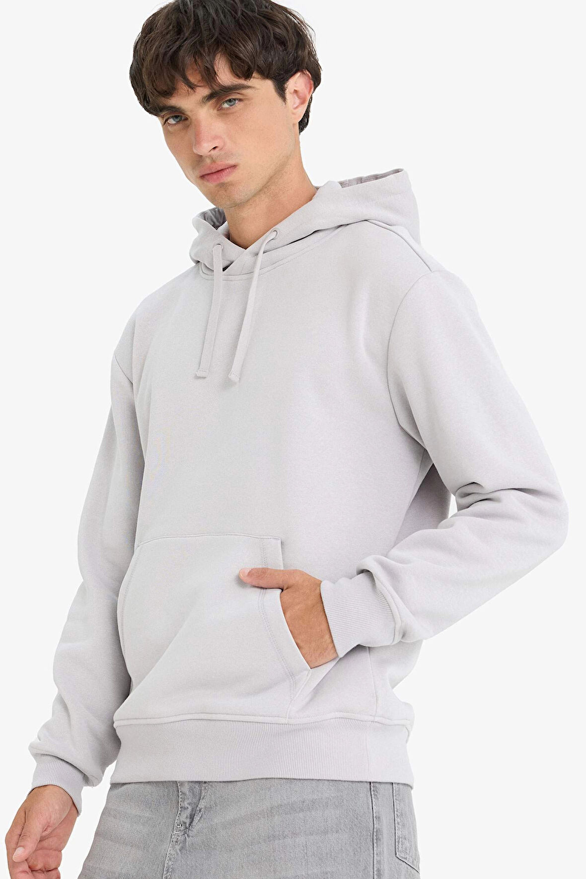 Defacto X8283 Gri Regular Fit Kapüşonlu Kanguru Cepli İçi Yumuşak Tüylü Basic Düz Sweatshirt