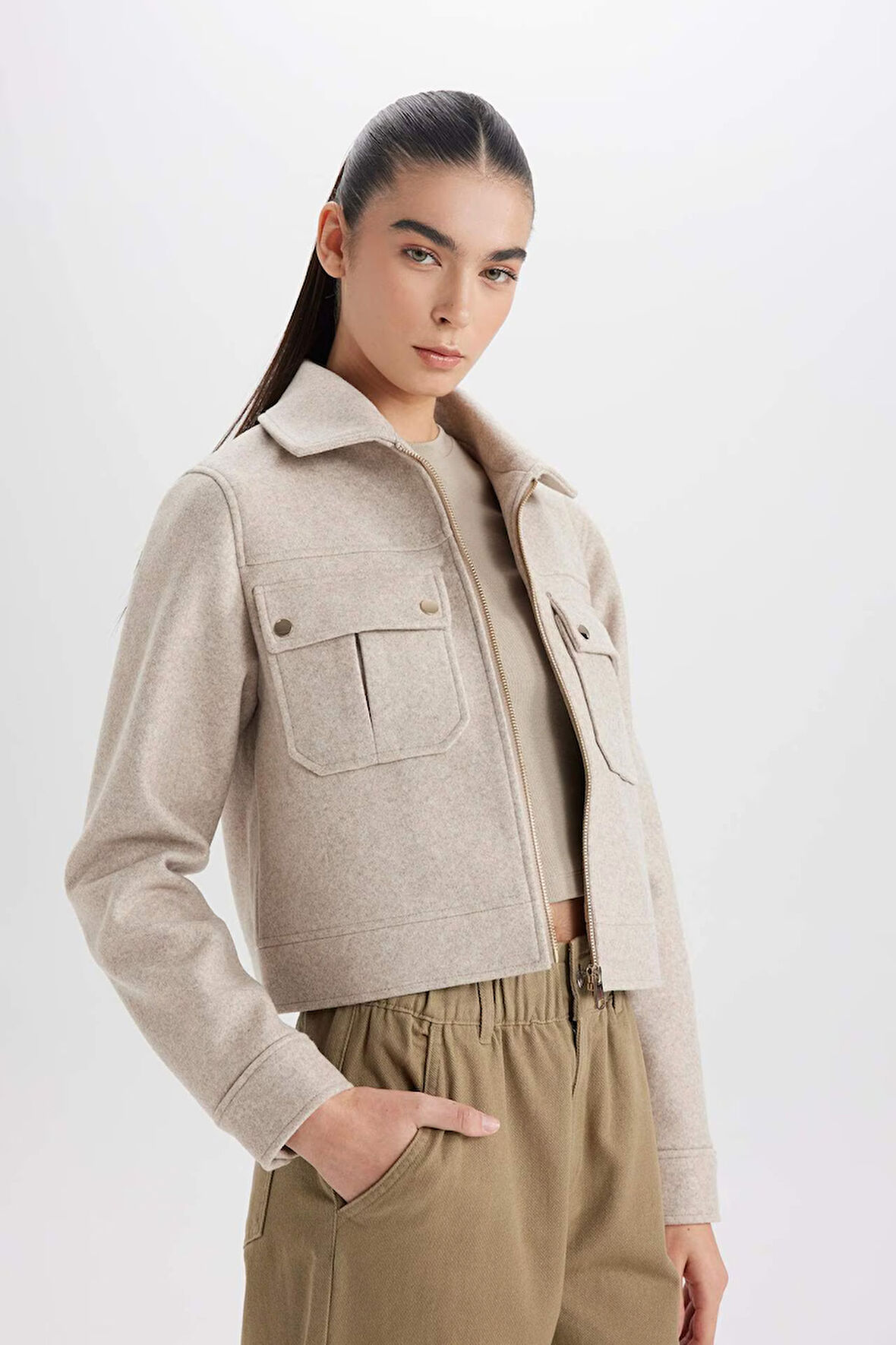 DeFacto Regular Fit Polo Yaka Cepli Fermuarlı Kısa Kaşe Kaban D5767AX25SPBG778