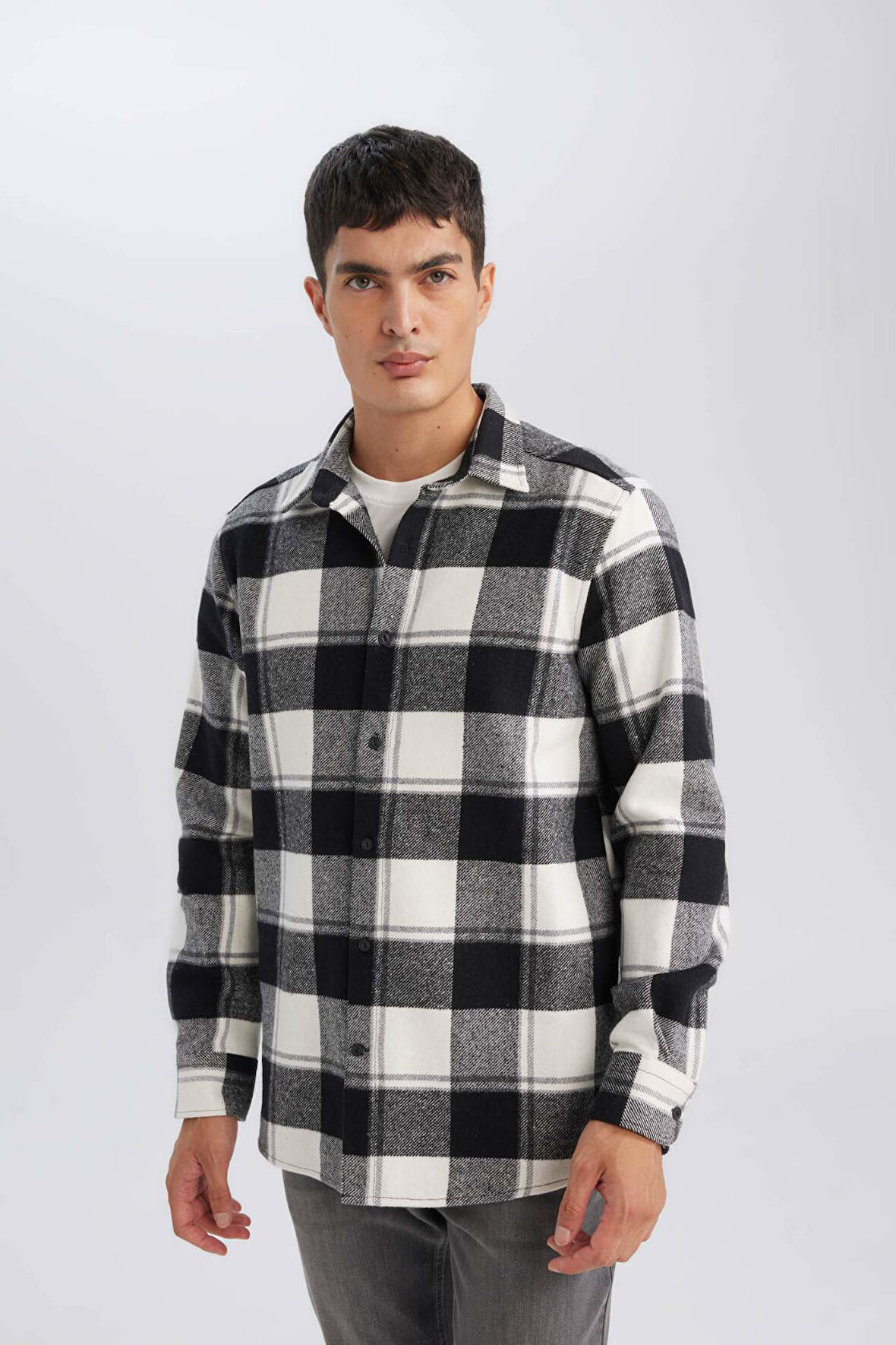 DeFacto Regular Fit Polo Yaka Kareli Oduncu Flanel Uzun Kollu Gömlek D7192AXNSWT32