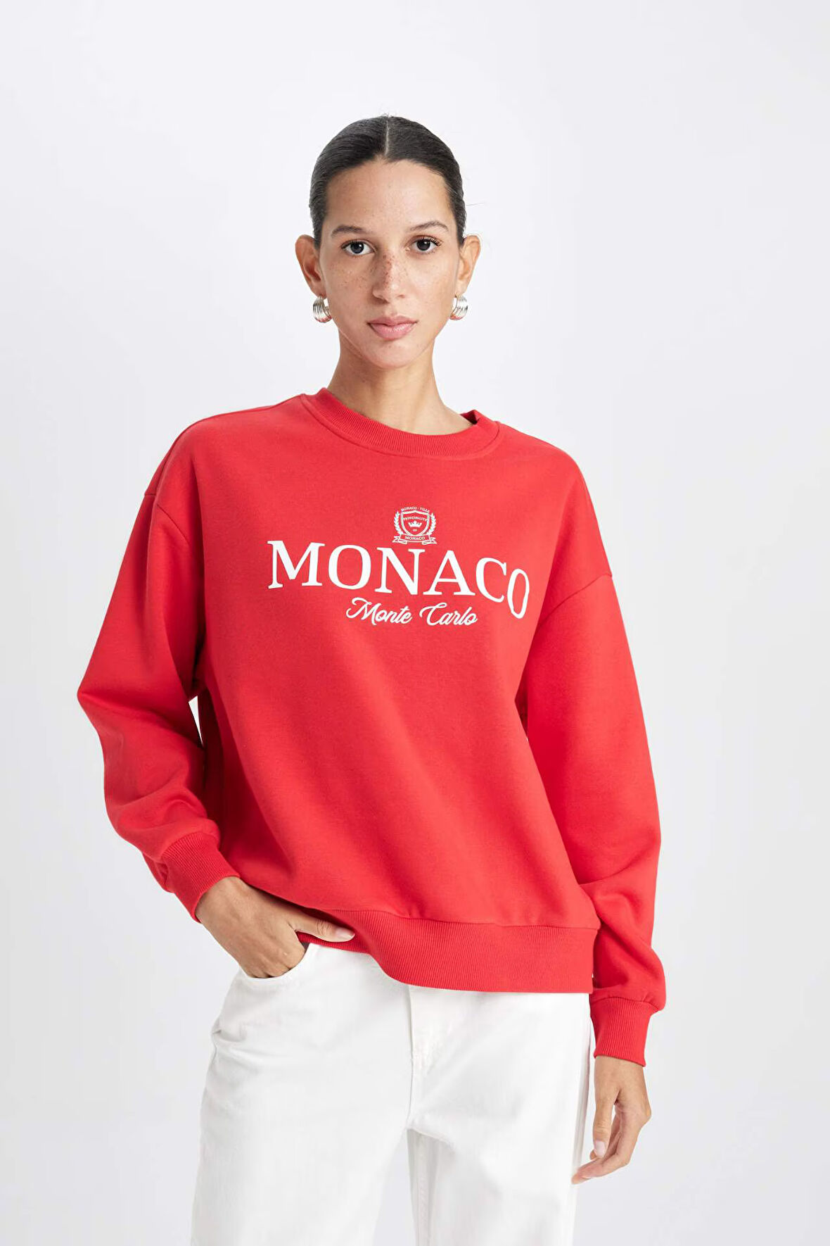 DeFacto Relax Fit Bisiklet Yaka Baskılı Kalın  Kırmızı Sweatshirt D6715AX24WNRD117