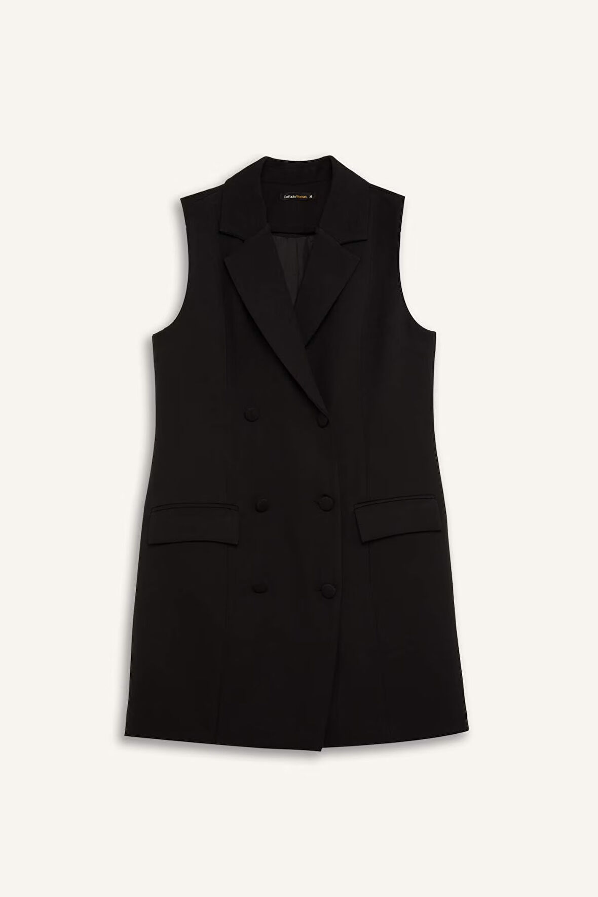 DeFacto A Kesim Kruvaze Yaka Düğmeli Basic Düz Kolsuz Midi Siyah Blazer Elbise D4186AX24AUBK81