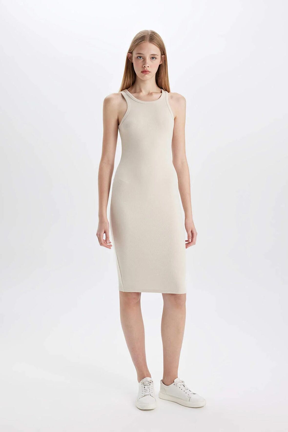 DeFacto Bodycon Halter Yaka Fitilli Kaşkorse Kolsuz Midi Elbise U8106AZ24SMER37