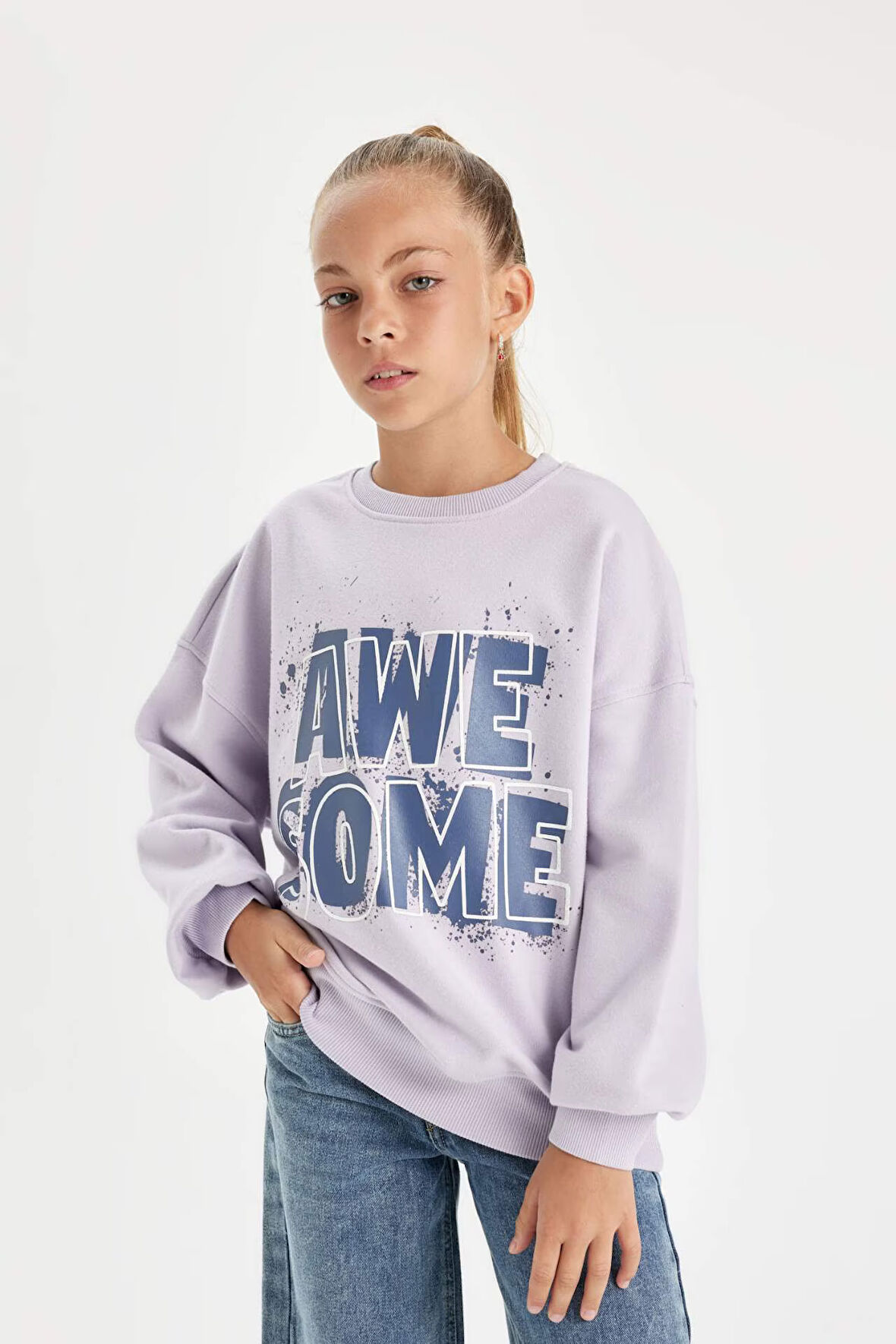 DeFacto Kız Çocuk Oversize Geniş Kalıp Bisiklet Yaka Baskılı Sweatshirt D2880A824WNPR77