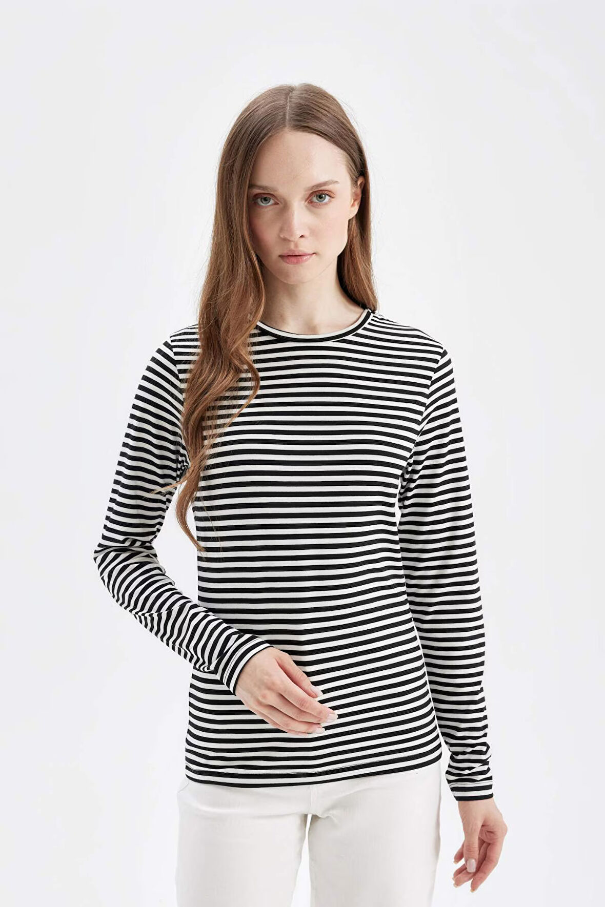 DeFacto Bisiklet Yaka Çizgili Uzun Kollu Tişört D5492AX24AUBK81