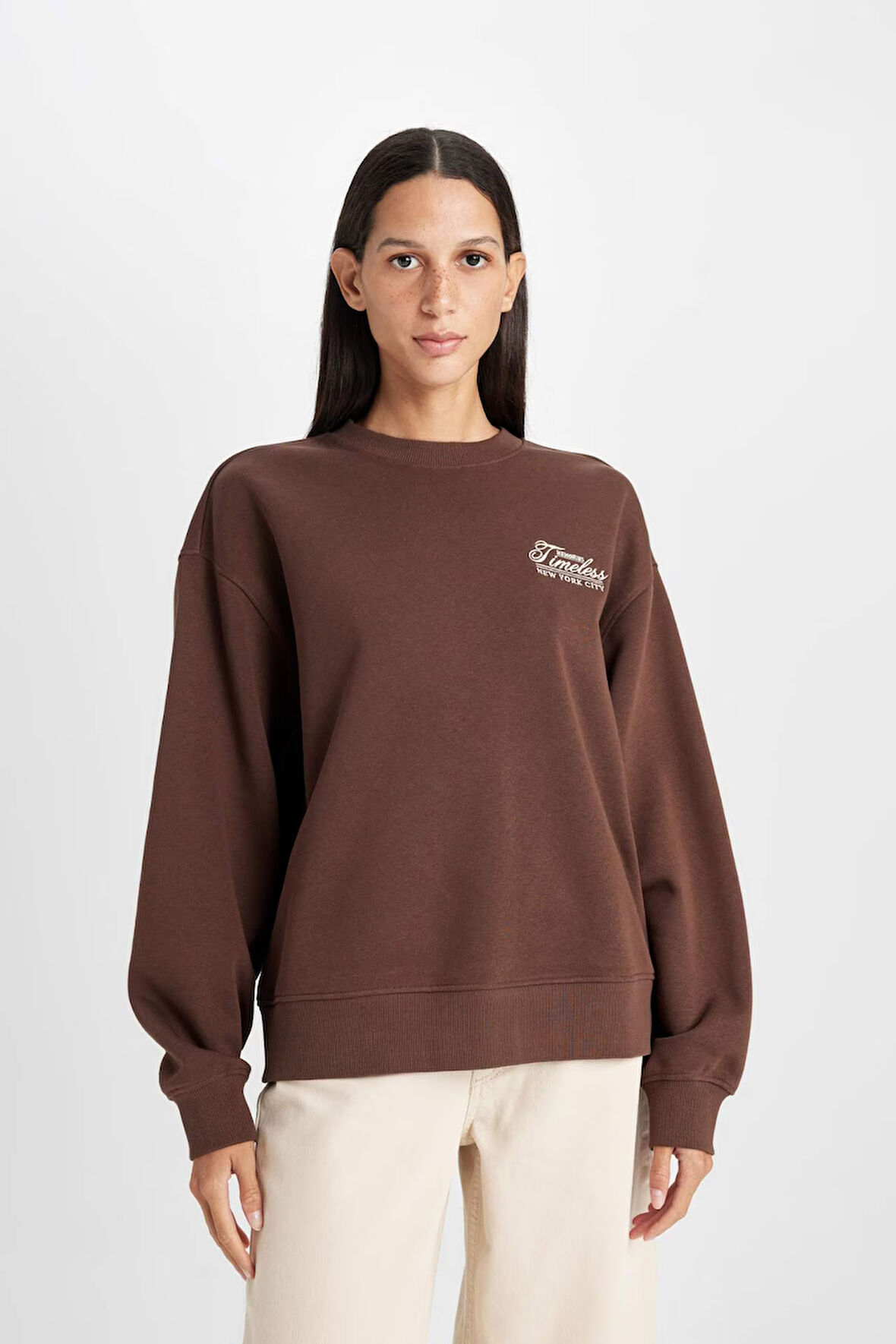 Relax Fit Bisiklet Yaka Slogan Baskılı Kalın Sweatshirt