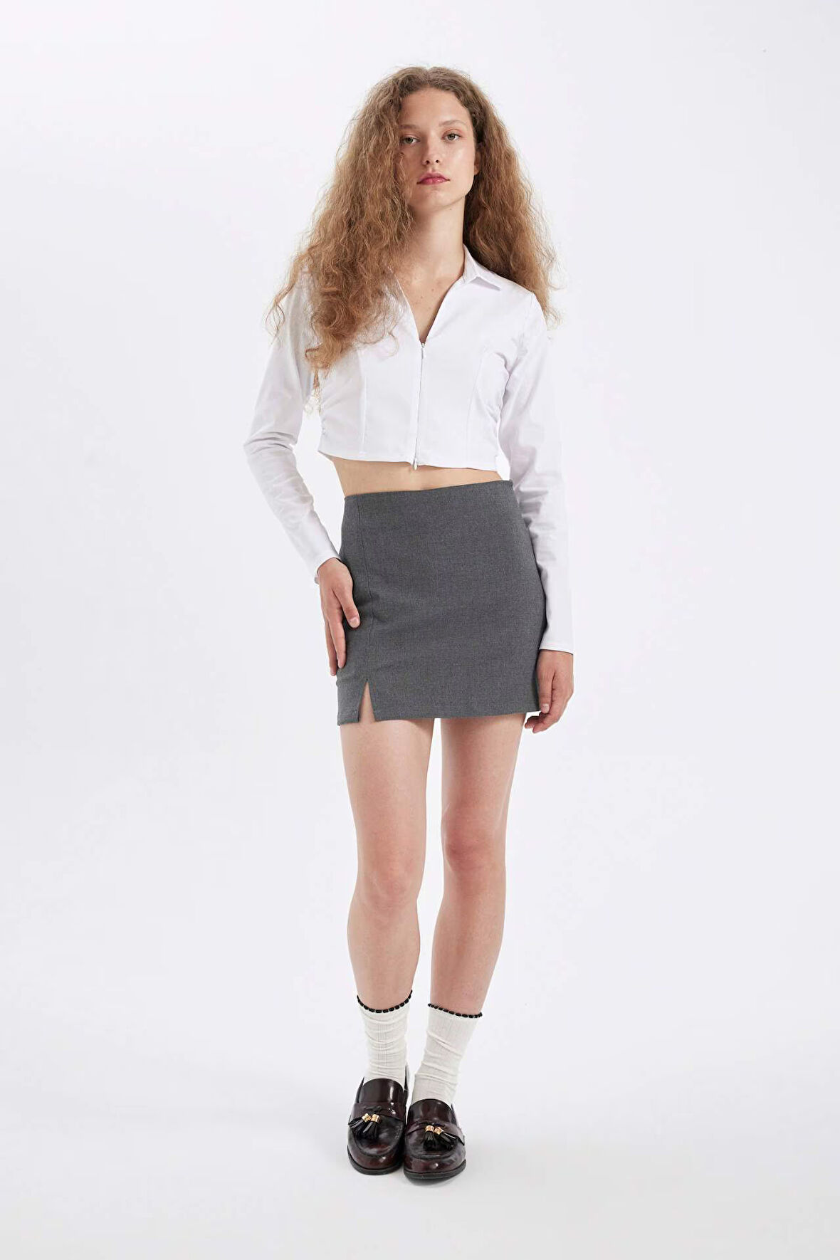 DeFacto Yüksek Bel Basic Düz Pamuk Yırtmaçlı Astarlı Mini Etek D5112AX24AUAR61