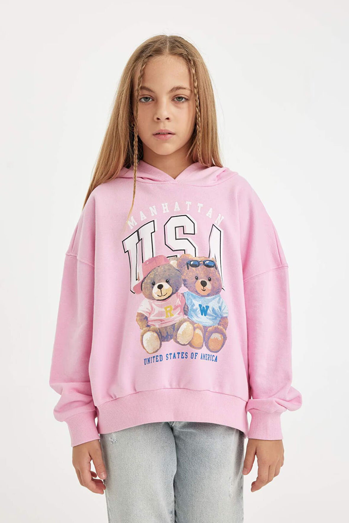 DeFacto Kız Çocuk Oversize Fit Kapüşonlu Ayı Baskılı Sweatshirt D0608A824AUPN666
