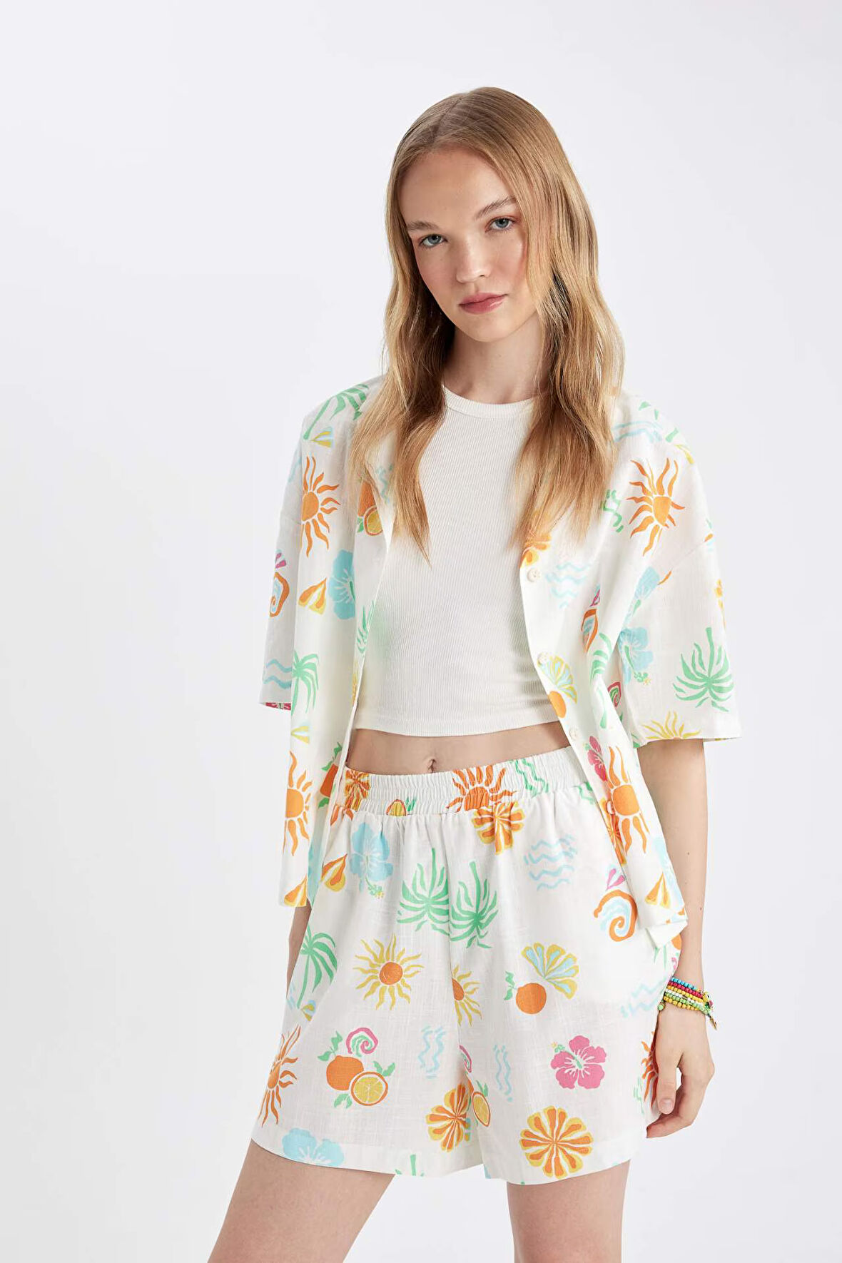 DeFacto Coool Oversize Fit Desenli Pijama Yaka Kısa Kollu Gömlek D5117AX24HSWT34