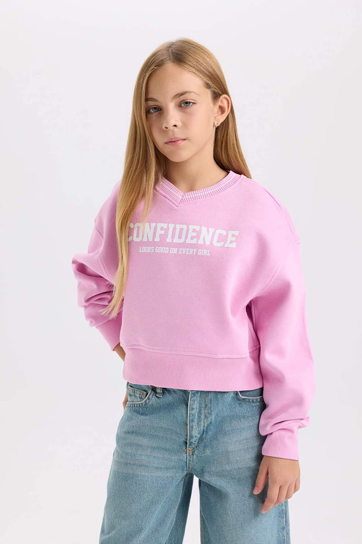 Kız Çocuk V Yaka Slogan Baskılı İçi Yumuşak Tüylü Kalın Kumaş Sweatshirt