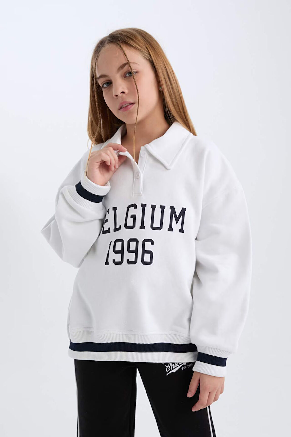 Kız Çocuk Oversize Geniş Kalıp Polo Yaka Baskılı İçi Yumuşak Tüylü Kalın Sweatshirt