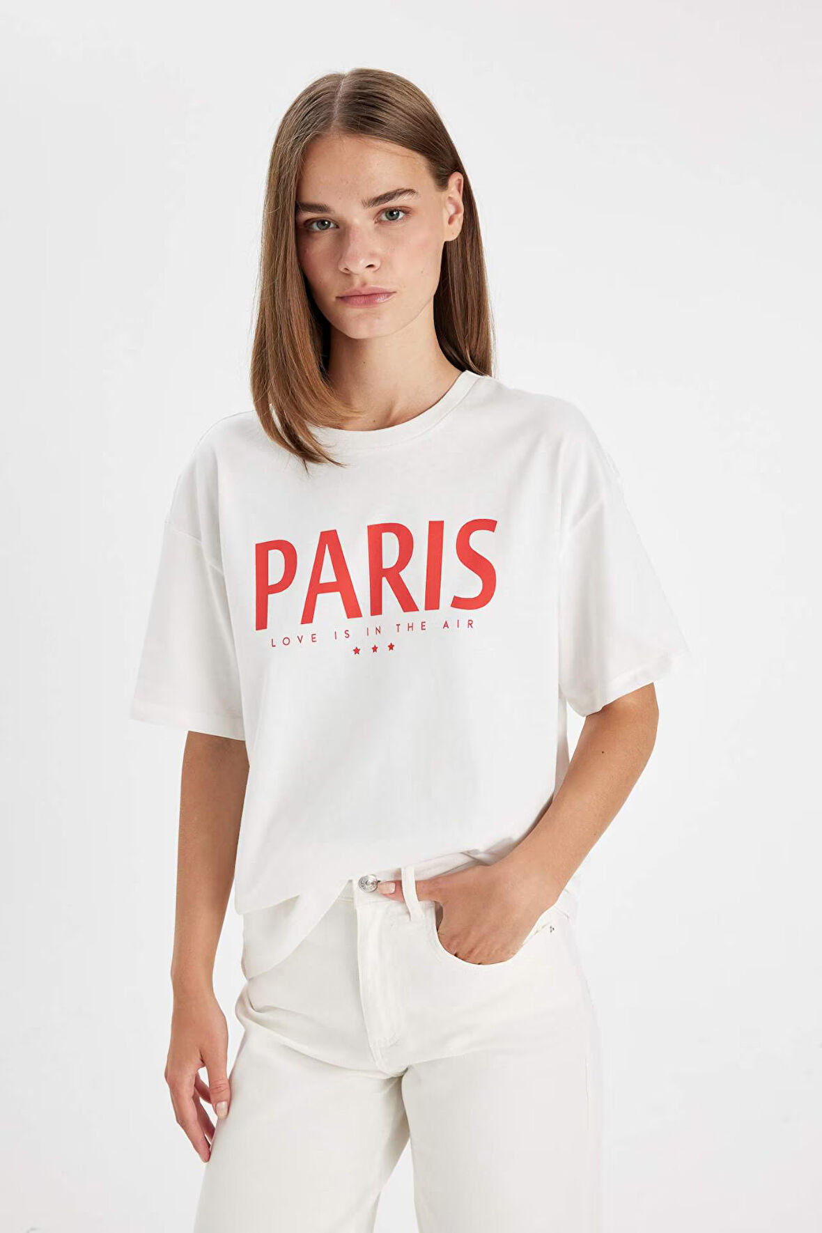 DeFacto Oversize Geniş Kalıp Bisiklet Yaka Baskılı Kısa Kollu Tişört D5276AX24AUER105