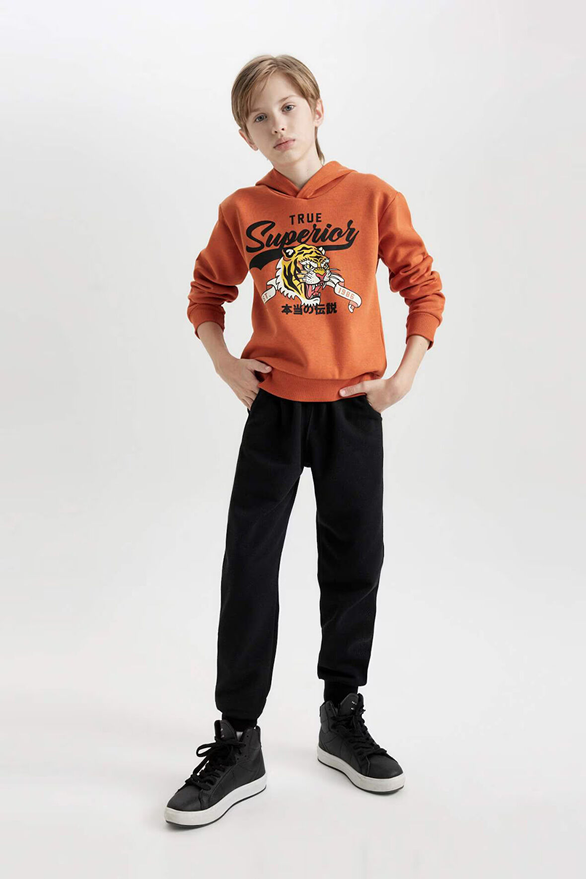 DeFacto Erkek Çocuk 2'li Takım Kaplan Baskılı Kapüşonlu Kalın Sweatshirt Beli Lastikli Jogger Eşofman Altı D3559A824WNOG61