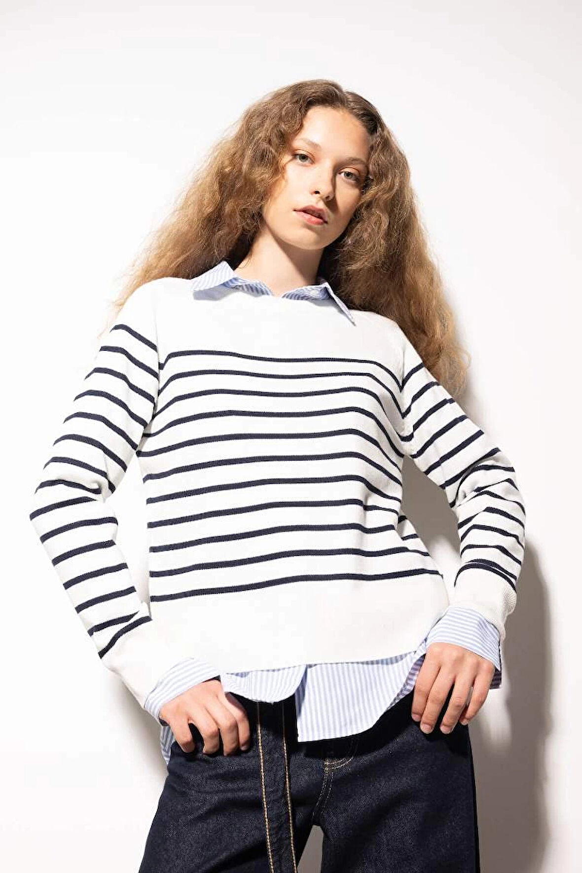 Z1317 Regular Fit Bisiklet Yaka Çizgili Kazak