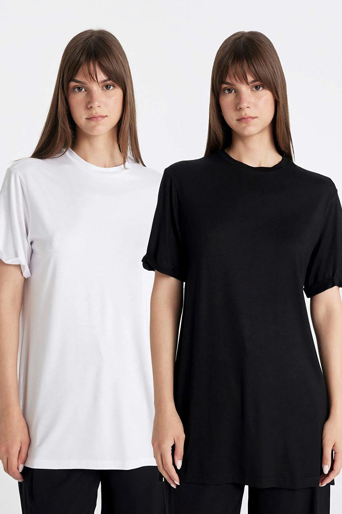 DeFacto Regular Fit Kısa Kollu 2'li Basic Düz Tişört Tunik D5479AXNSBK21