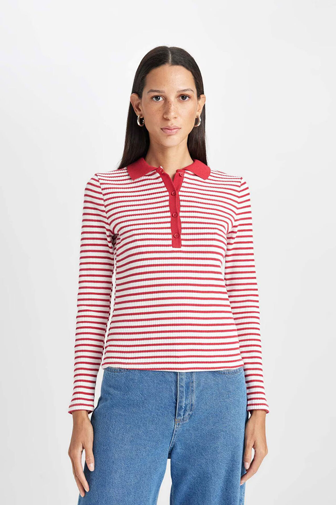 DeFacto Slim Fit Dar Kesim Polo Yaka Düğmeli Çizgili Fitilli Kaşkorse Uzun Kollu Tişört D5140AX24AURD117