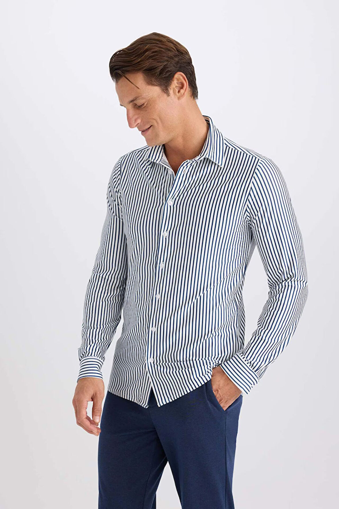 DeFacto Slim Fit Dar Kesim Polo Yaka Çizgili Uzun Kollu Gömlek D4563AX24AUNV116