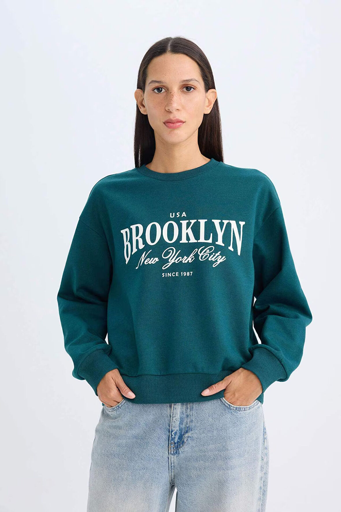 DeFacto Regular Fit Bisiklet Yaka Baskılı İnce Sweatshirt D5928AX24AUGN1040