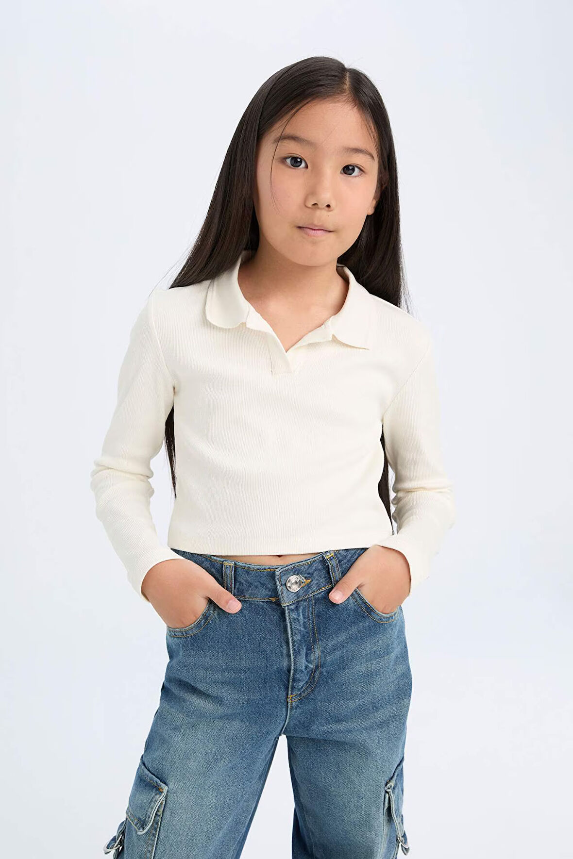 DeFacto Kız Çocuk Cropped Fit Polo Yaka Basic Düz Fitilli Kaşkorse Uzun Kollu Tişört D3367A824AUER99