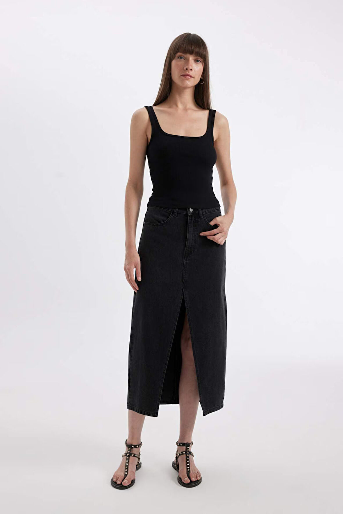 Long  Fit Yırtmaçlı Jean Midi Etek