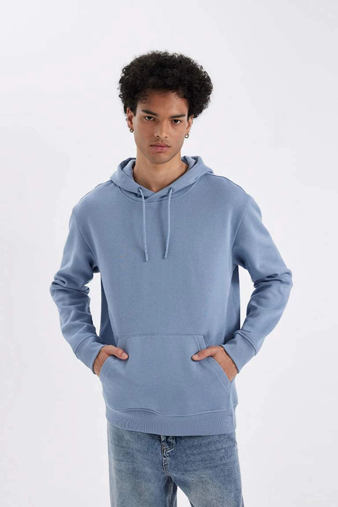X8283 Mavi Cepli Regular Fit Kapüşonlu İçi Yumuşak Tüylü Basic Düz Sweatshirt