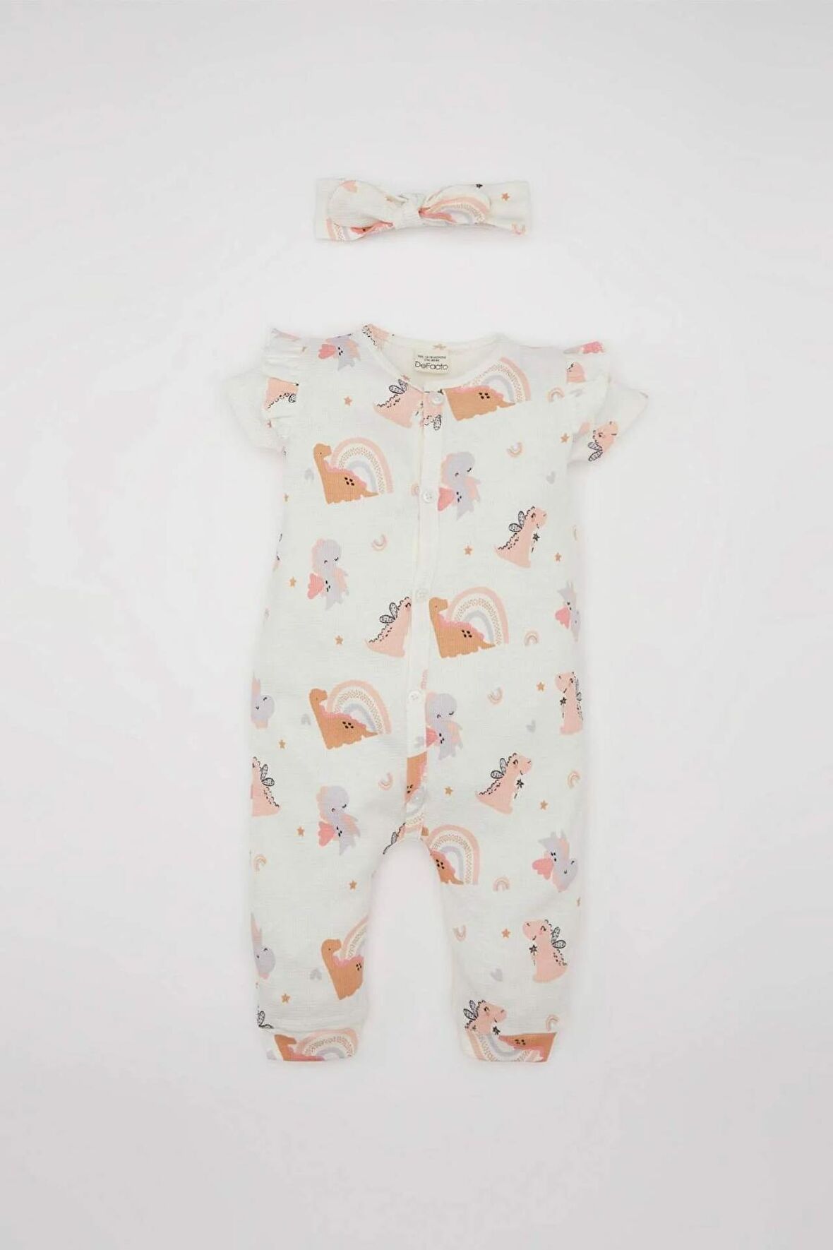 DeFacto Kız Bebek Yenidoğan 2'li Takım Dinazor Baskılı Kısa Kollu Waffle Tulum Bandana C9484A524SMER105