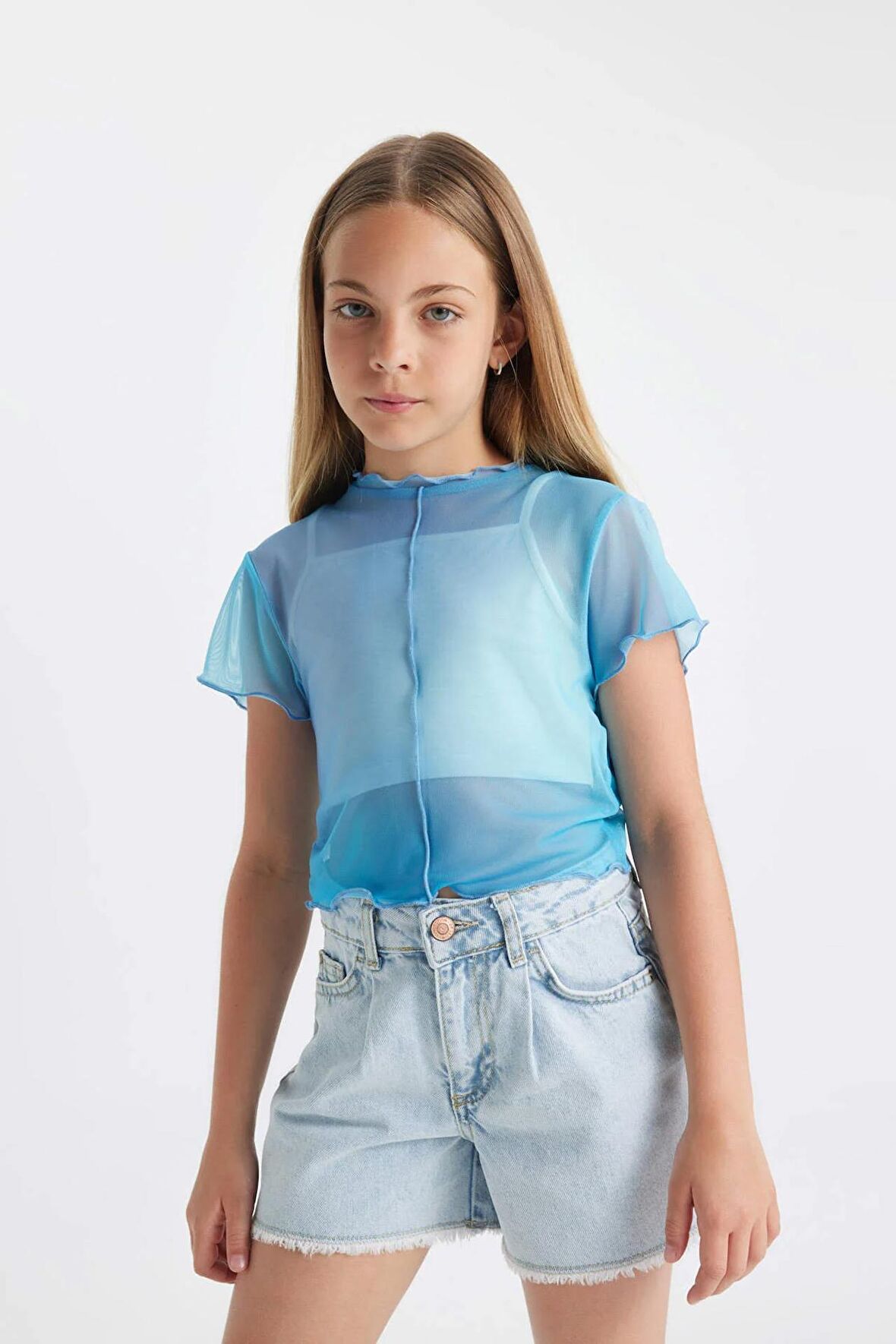 DeFacto Kız Çocuk 2'li Takım Crop Bisiklet Yaka Degrade Baskılı Tül Kısa Kollu Tişört Atlet C8717A824SMTR177