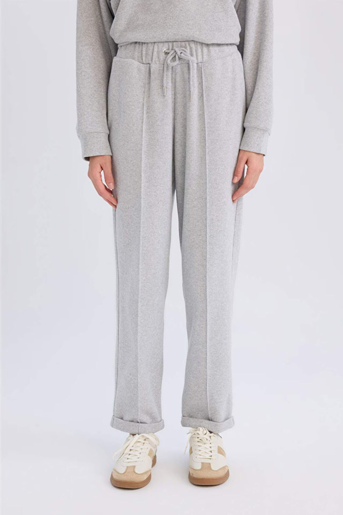 Regular Fit Pantolon Beli Lastikli Basic Düz Bağcıklı Cepli Paça Katlamalı Uzun Boy