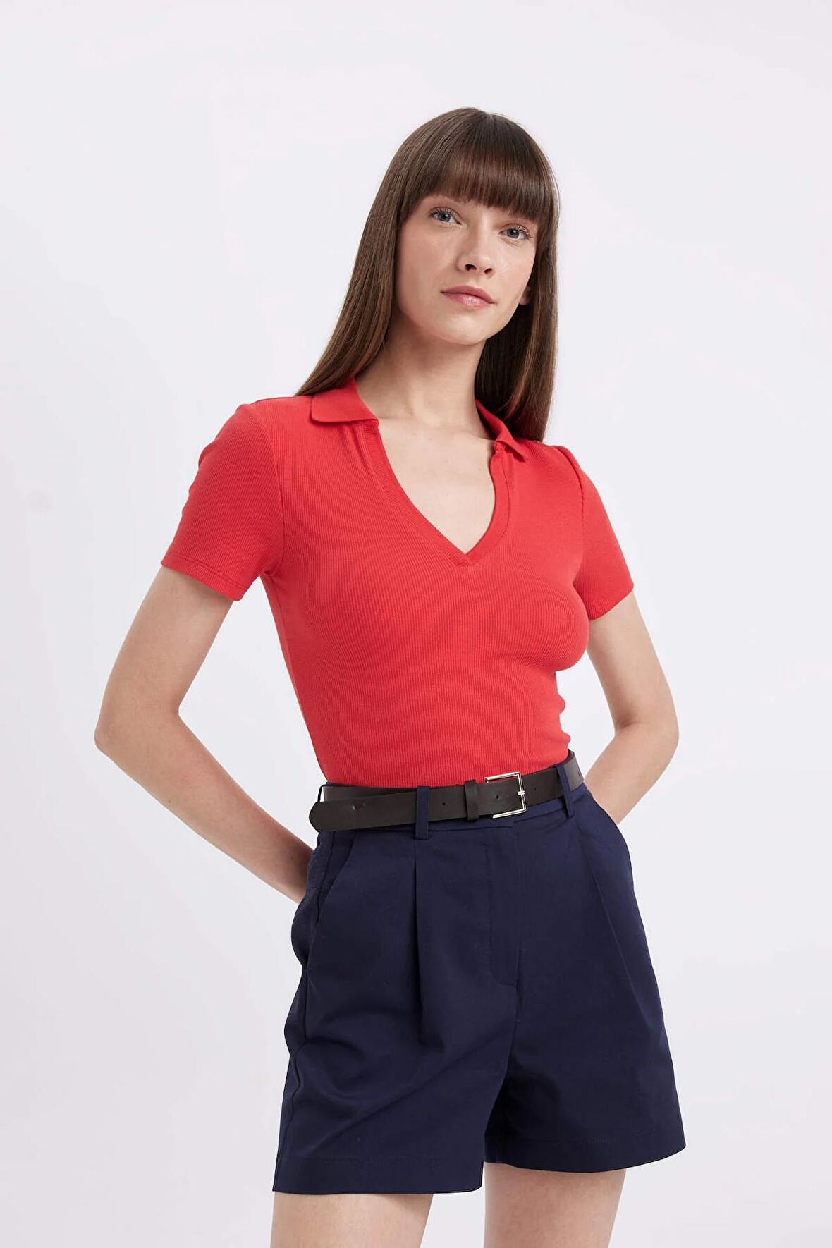 DeFacto Slim Fit Dar Kesim Fitilli Kaşkorse Kısa Kollu Polo Tişört C4076AX24SPRD227