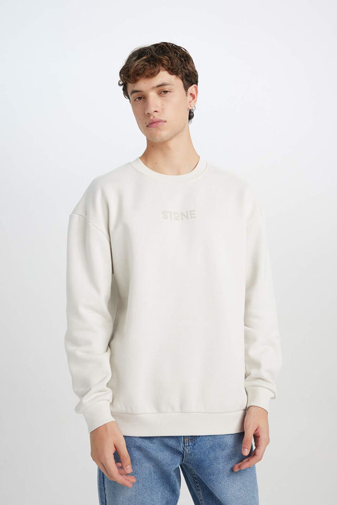 Erkek Mint Boxy Fit Bisiklet Yaka Baskılı Sweatshirt