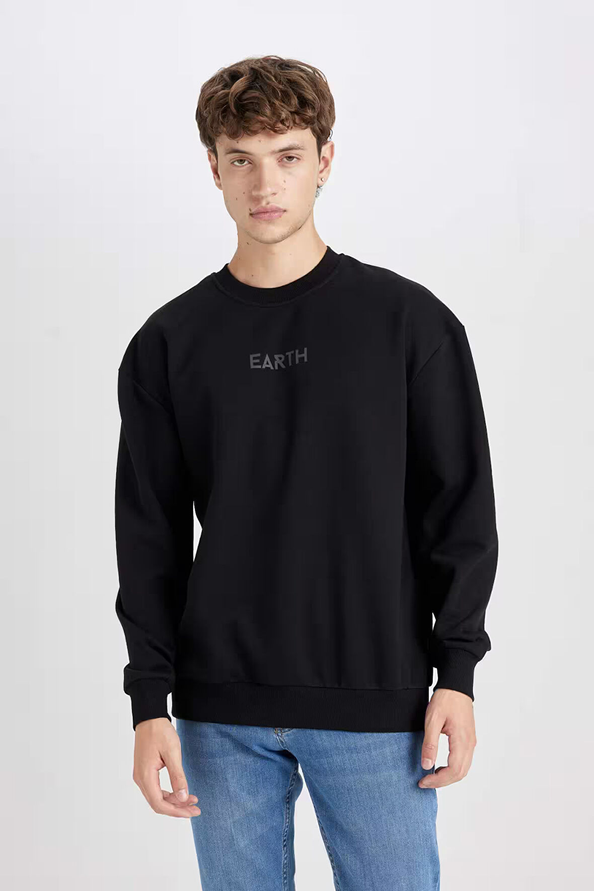 Boxy Fit Bisiklet Yaka Baskılı Sweatshirt