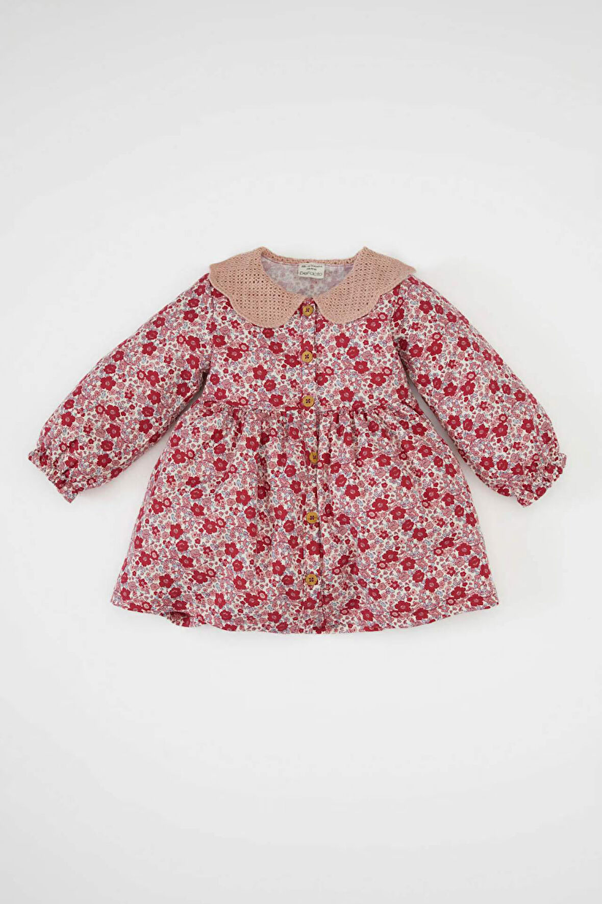 Kız Bebek Geniş Örgü Yaka Çiçek Desenli Düğmeli Uzun Kollu Twill Elbise