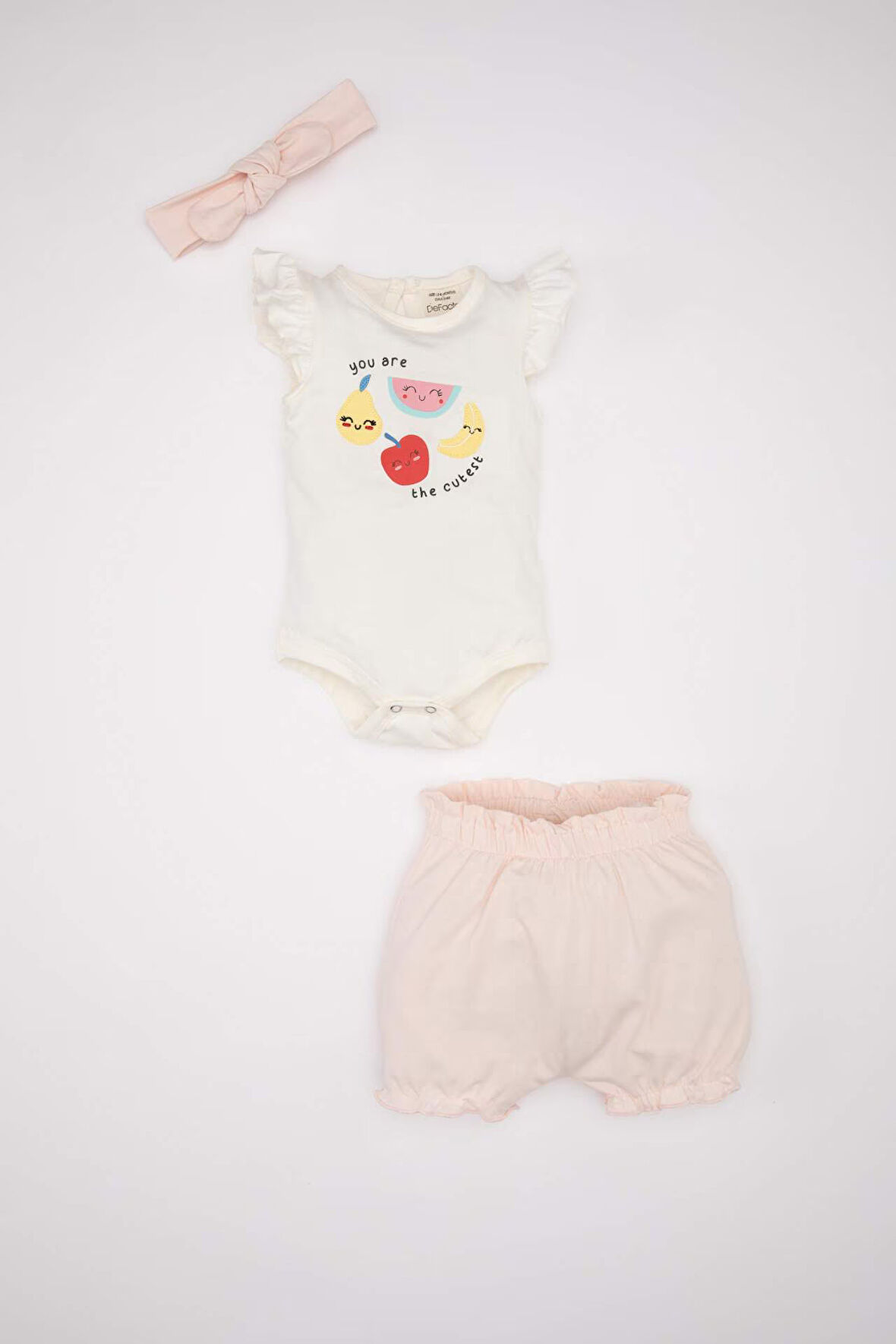 DeFacto Kız Bebek 3'lü Takım Meyve Desenli Penye Kısa Kollu Çıtçıtlı Body Şort Saç Bandı C9525A524HSPN262