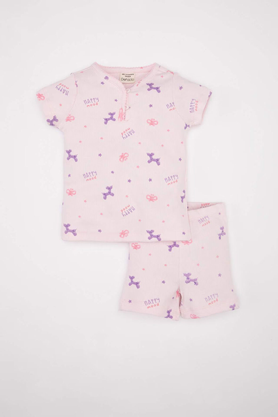Kız Bebek Pijama Takım Desenli Fitilli Kaşkorse  Kısa Kollu Üst Beli Lastikli Şort Alt