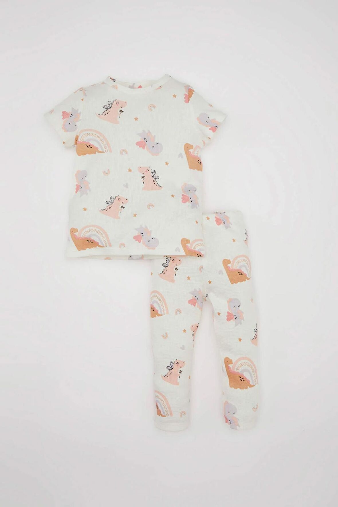 DeFacto Kız Bebek Pijama Takımı Waffle Dinazor Desenli Kısa Kollu Üst Uzun Alt C3474A524SMER98